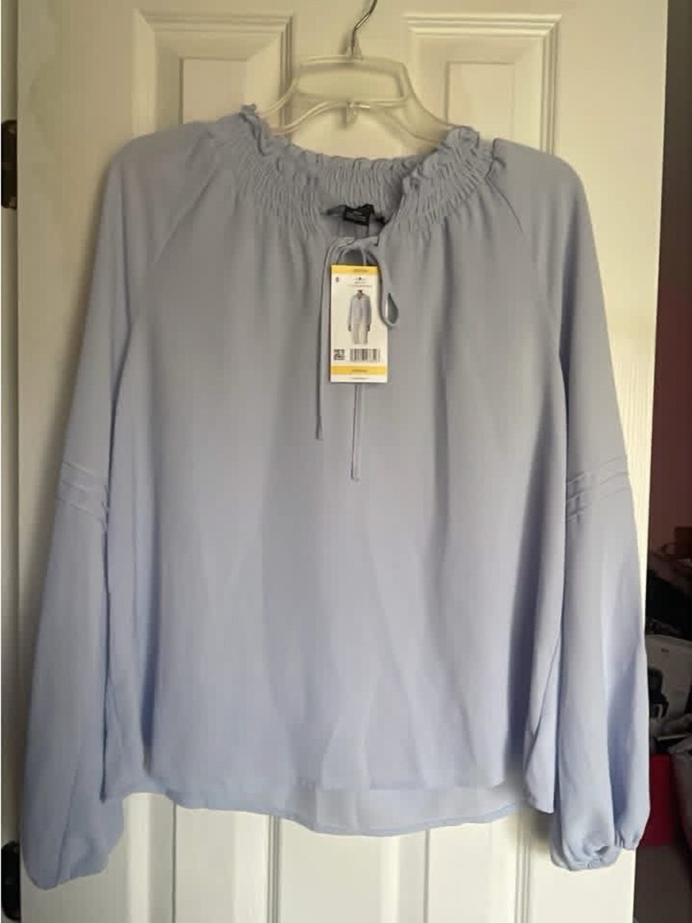 Women's Light Blue Smocked-Neck Long Sleeve Blouse
